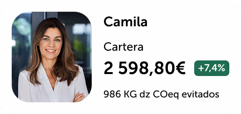 Foto de Camila con el importe de su cartera y el CO2 evitado.