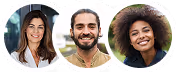 Portraits of three smiling adults with diverse ethnic backgrounds in round frames.