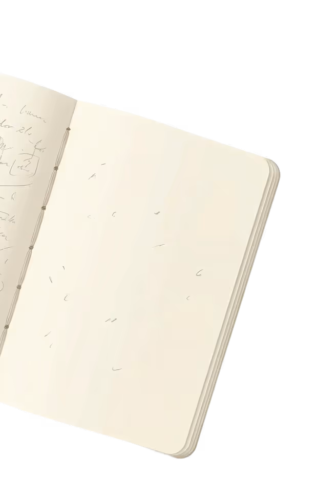 Open notebook with faint handwritten notes on the left page and blank right page.