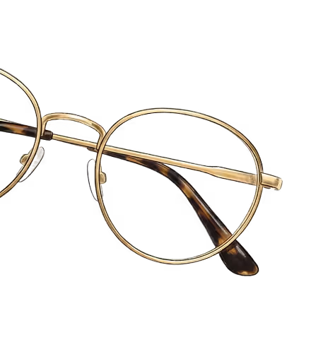 Gold metal round eyeglass frames with tortoiseshell temple tips.