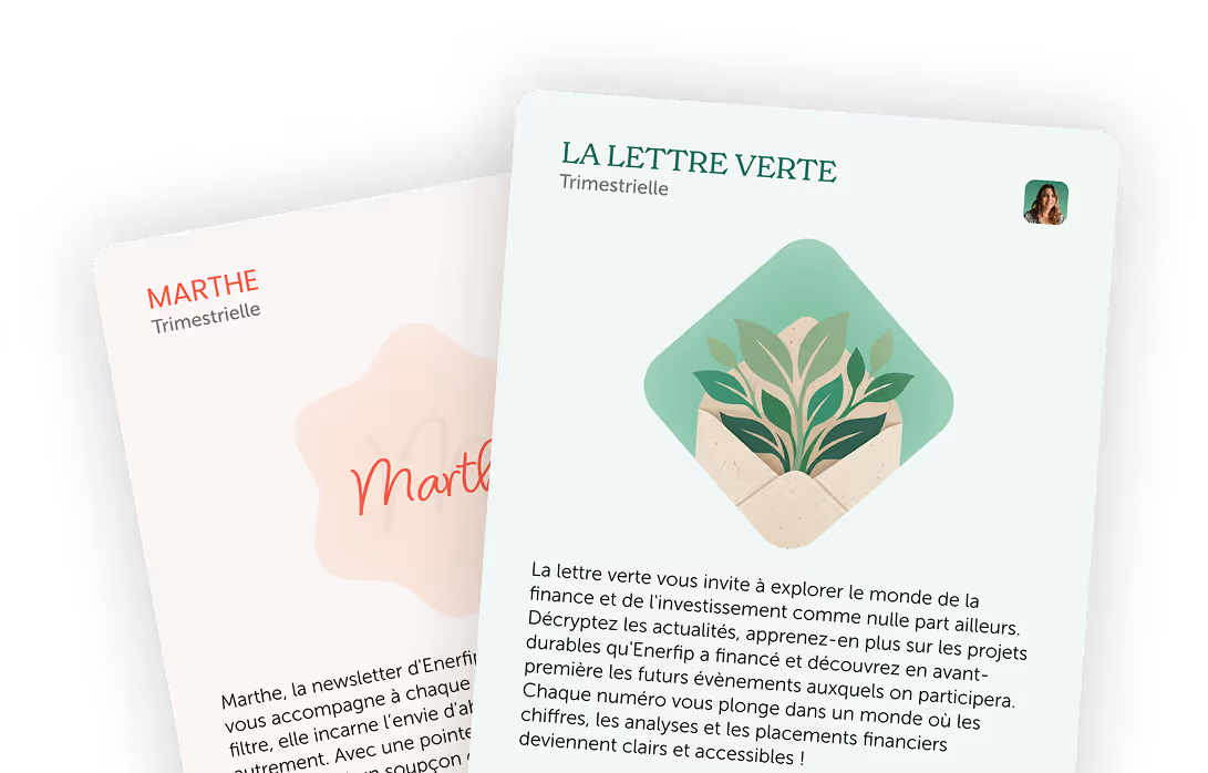 Two newsletter covers, one titled 'Marthe' in red with a soft pink background, and the other titled 'La Lettre Verte' with a green-themed design featuring an envelope with green leaves.