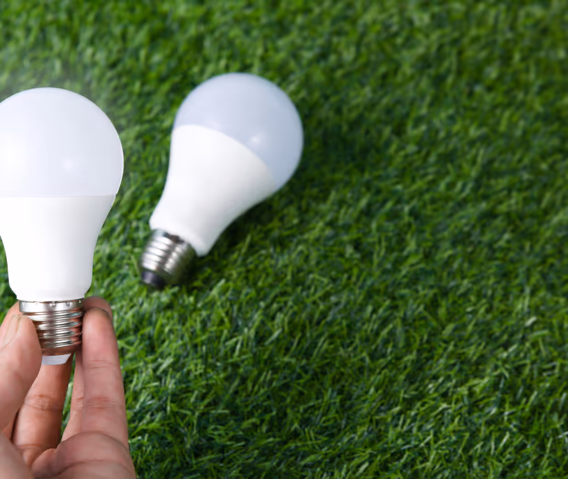 Hand holding an LED light bulb with another LED bulb lying on green grass.