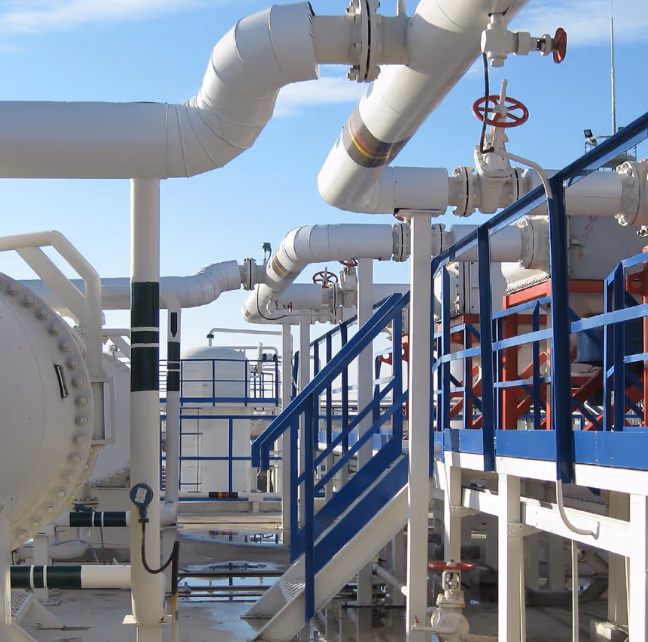 Industrial facility with interconnected white pipes, red valve wheels, and blue metal staircases under a clear sky.
