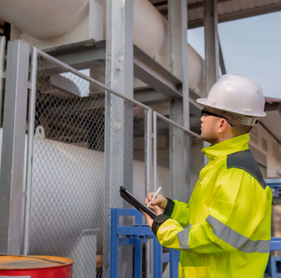 Worker in a high-visibility jacket and white hard hat using a tablet to inspect industrial equipment.