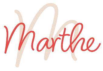Stylized text logo with the word 'Marthe' written in red cursive over a larger beige script 'M'.