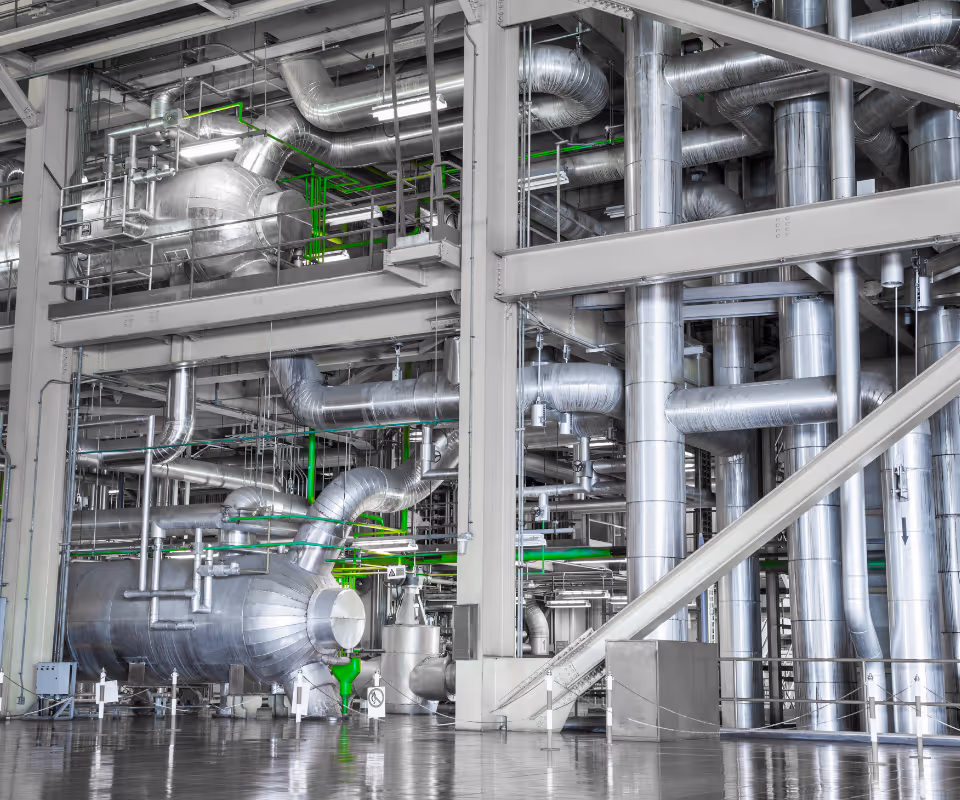 Industrial stainless steel pipes and blue machinery components with pressure gauges in a clean factory setting.