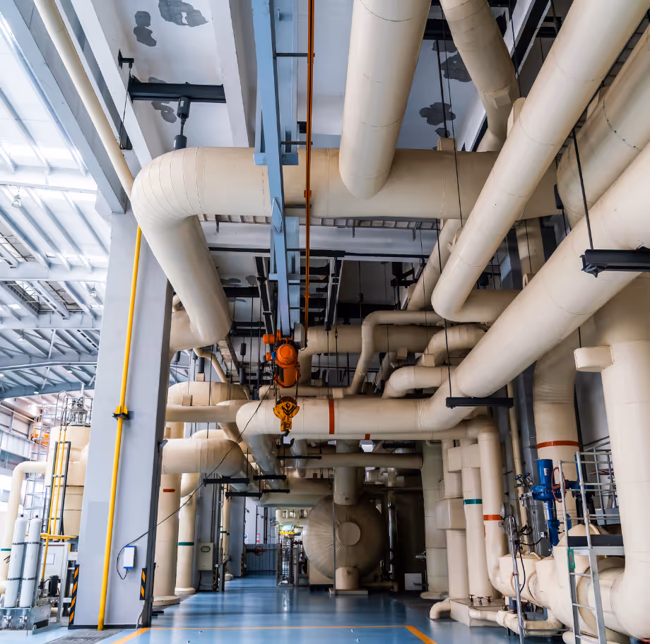 Interior of an industrial facility featuring large beige insulated pipes and an overhead crane system.