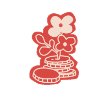 Red stylized flowers growing out of a stack of coins.