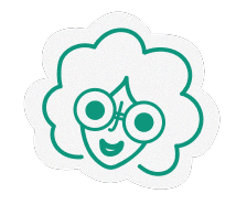 Stylized green line drawing of a smiling face with round glasses and curly hair.