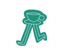 Green outline of a coffee cup on a saucer with stylized legs walking.