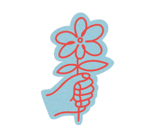 Simplified blue hand holding a red outlined flower with two leaves on the stem.