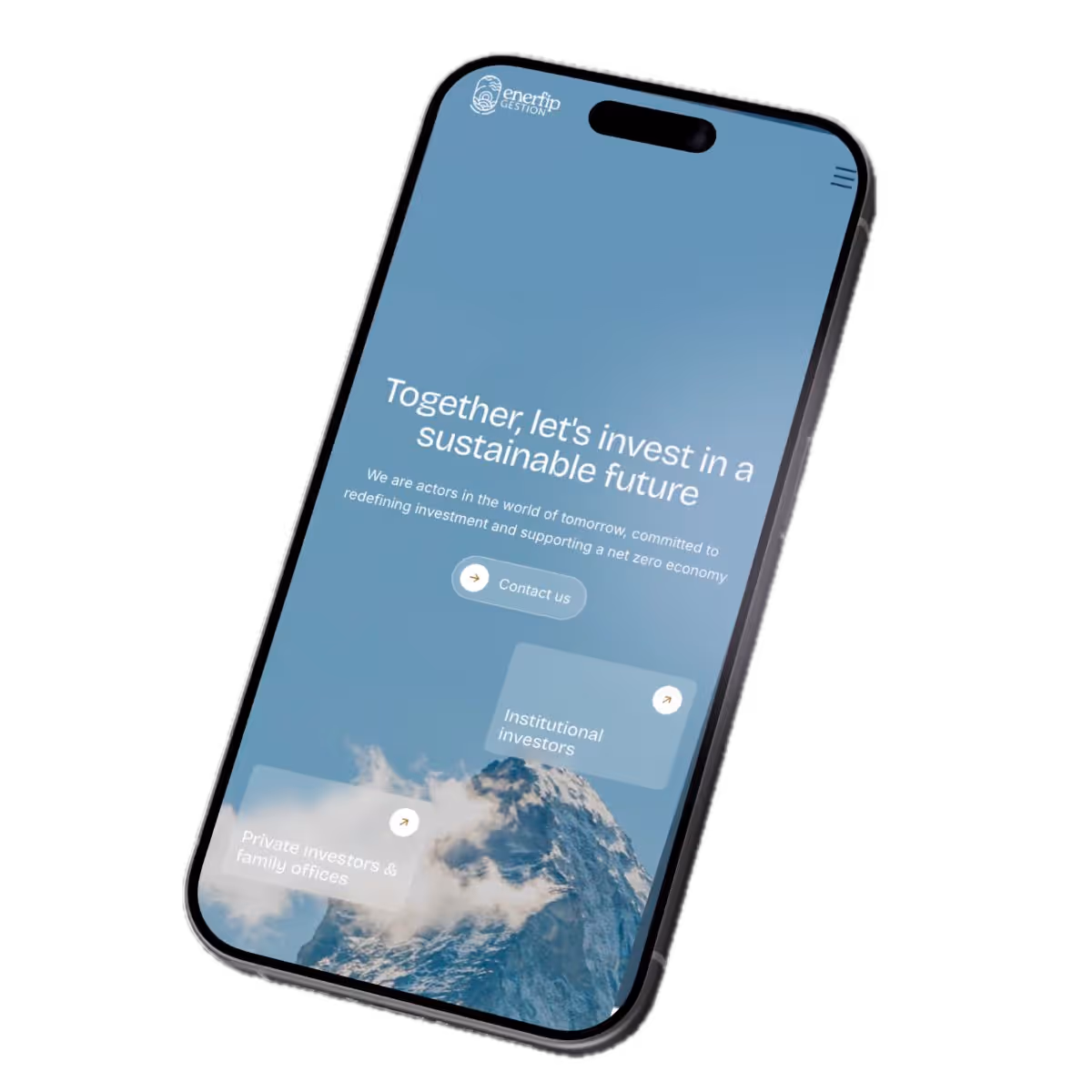 Smartphone displaying Enerfip Gestion app with mountain and clouds background and message about investing in a sustainable future.