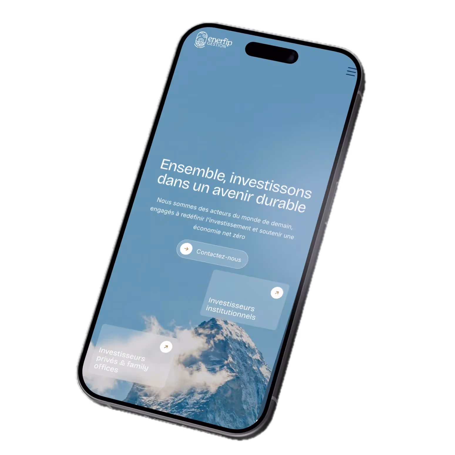 Smartphone displaying Enerfip Gestion app with mountain and clouds background and message about investing in a sustainable future.