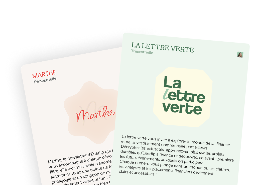 Two newsletter covers, one titled 'Marthe' in red with a soft pink background, and the other titled 'La Lettre Verte' with a green-themed design featuring an envelope with green leaves.