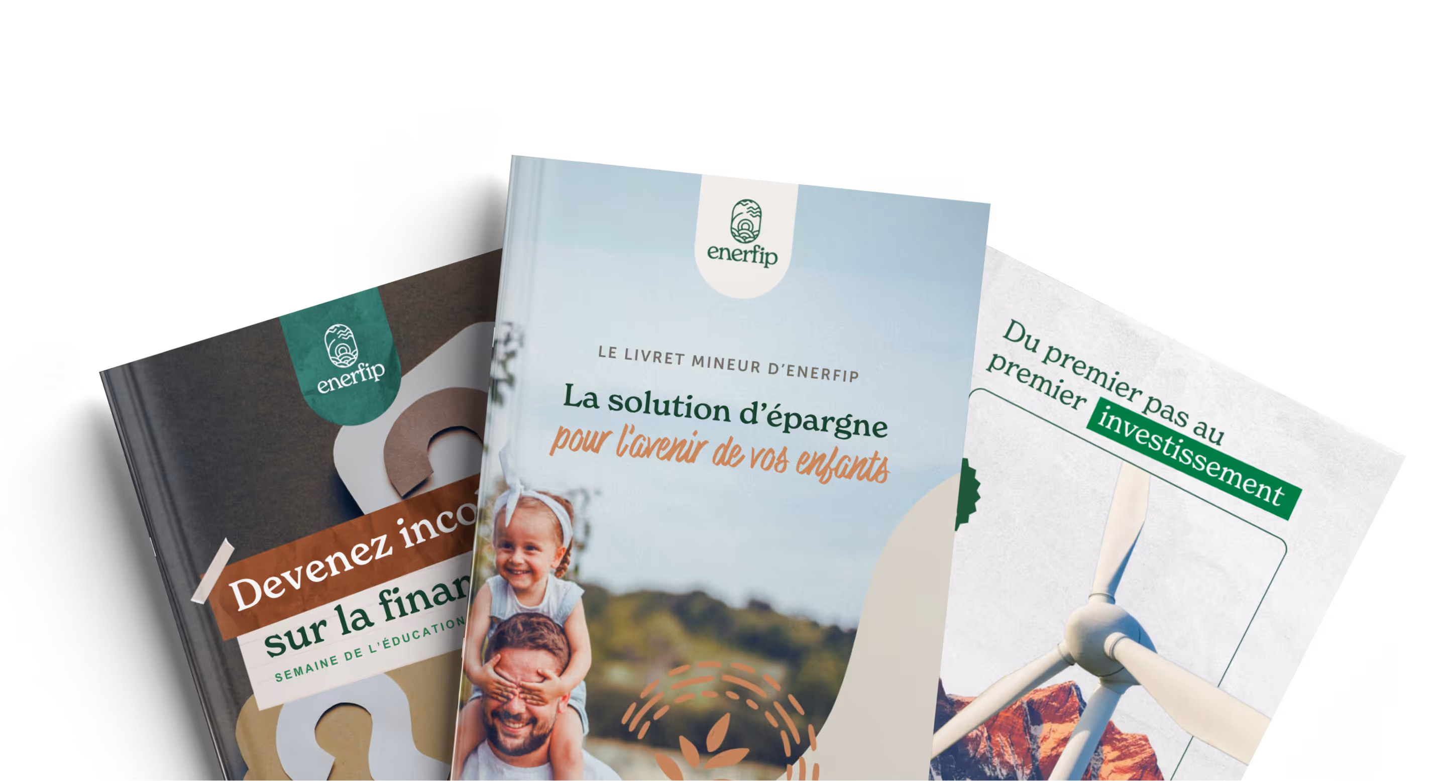 Three Enerfip brochures about financial education, savings for children, and investment steps.