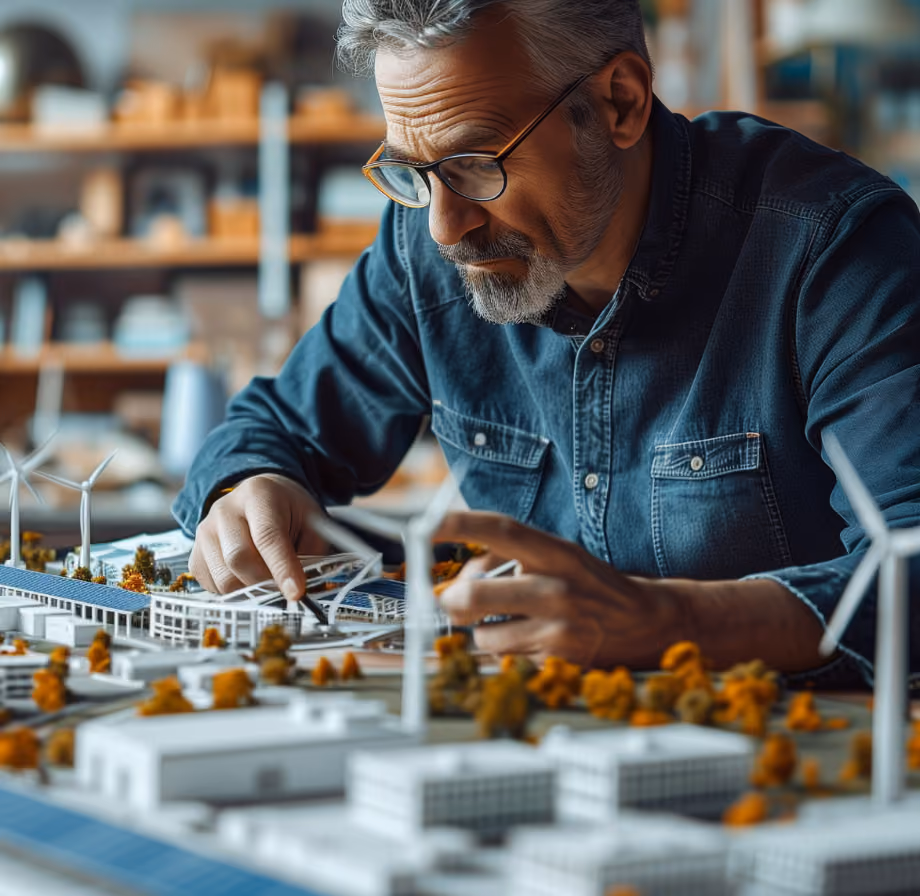 Man with glasses in denim shirt working on a detailed model of a sustainable urban area with wind turbines.