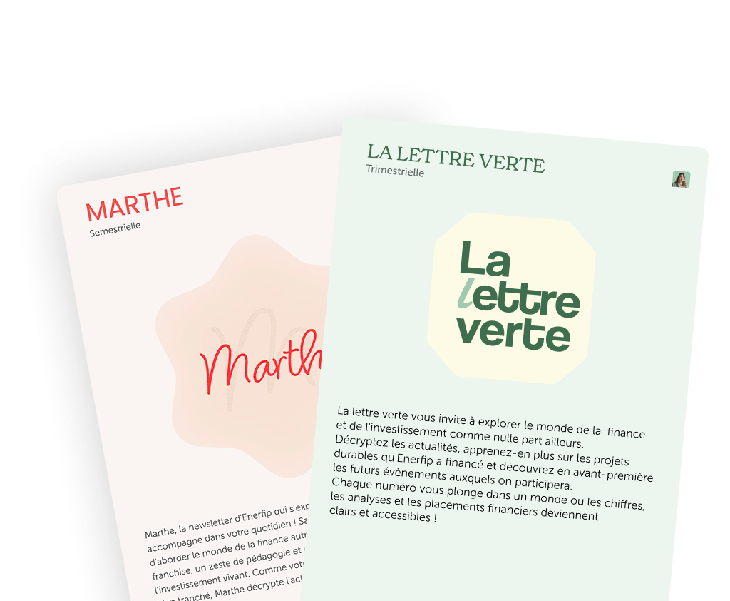 Two newsletter covers, one titled 'Marthe' in red with a soft pink background, and the other titled 'La Lettre Verte' with a green-themed design featuring an envelope with green leaves.