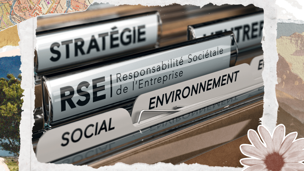 Folder labeled 'CSR', 'Strategy', 'Environment', and 'Social' on binders, with a decorative background including a flower and textured papers.