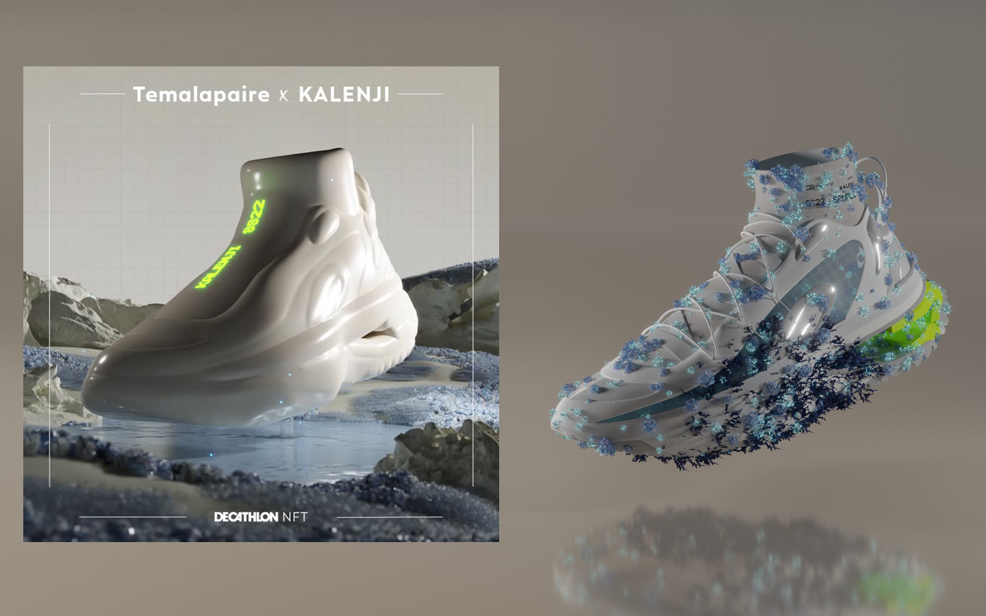 Two futuristic Kalenji sneakers side by side, one white with neon text floating over a textured surface, the other white with blue floral patterns floating against a neutral background. Decathlon NFT Sneakers Laure Mimram