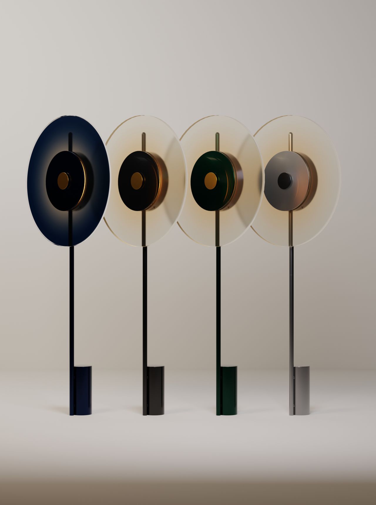 Four modern standing lamps with circular translucent and solid colored discs in blue, black, green, and gray against a neutral background. Leroy Merlin indoor solar lamp design innovation Laure Mimram