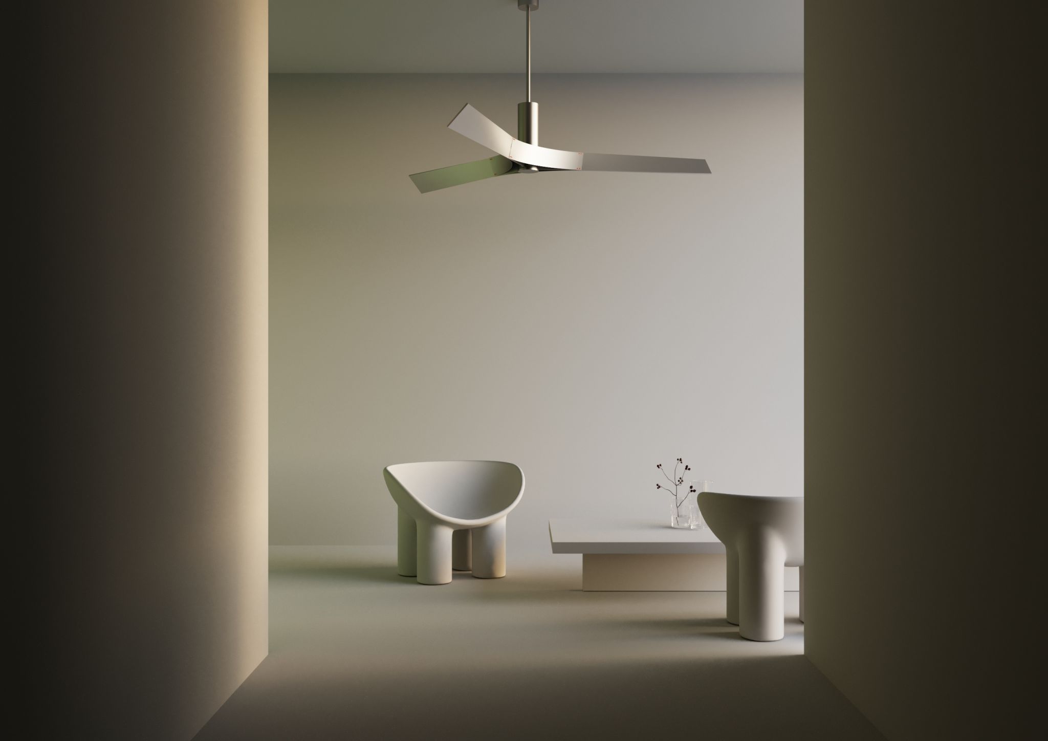 Minimalist room with two modern white chairs, a low table with a glass vase holding dried flowers, and a sleek ceiling fan. Leroy Merlin ceiling fan ventilateur design innovation Laure Mimram