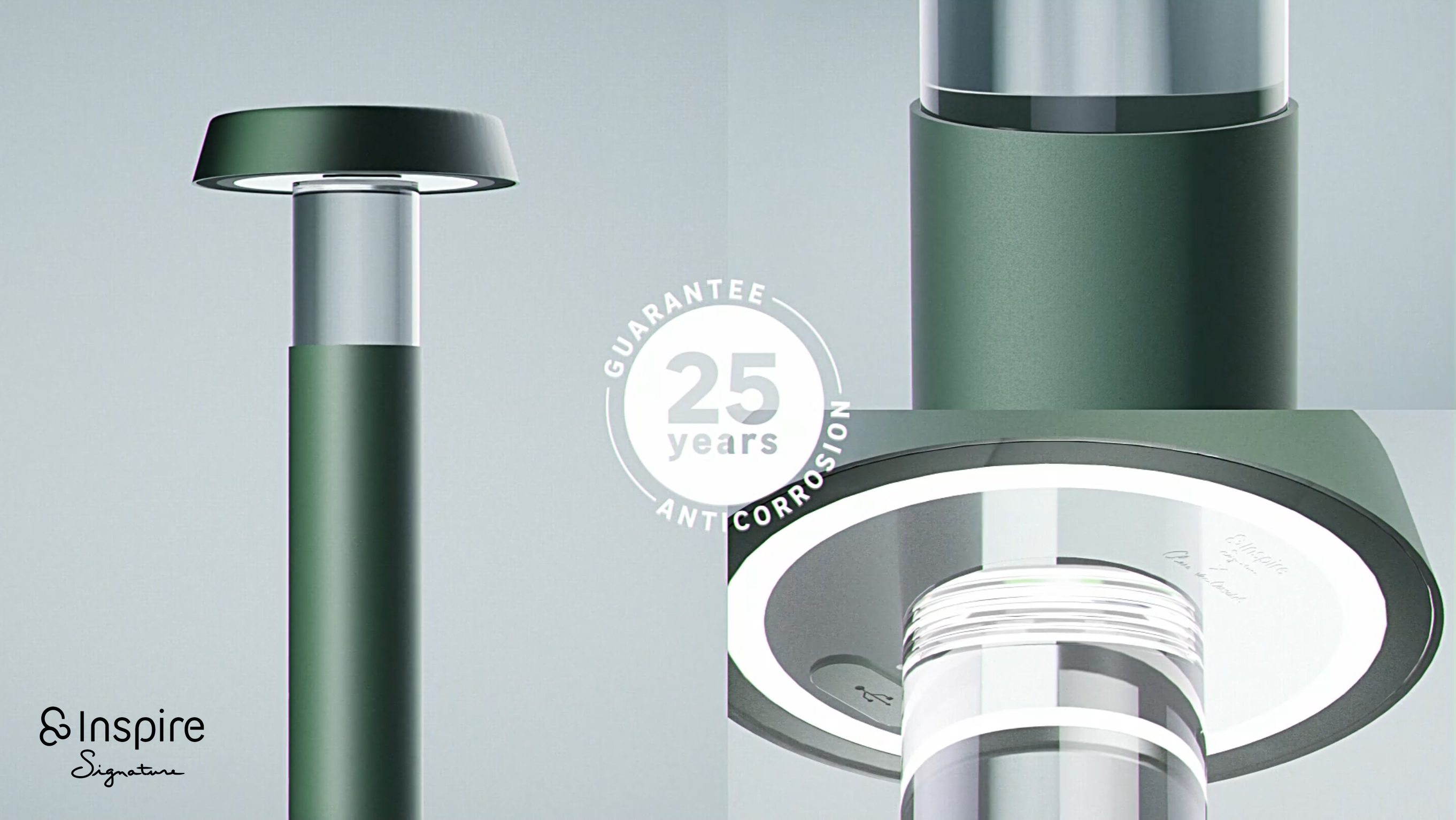 Modern green and silver cylindrical lamp with illuminated ring and 25 years anti-corrosion guarantee badge. Leroy Merlin Lighting éclairage design solaire Laure Mimram