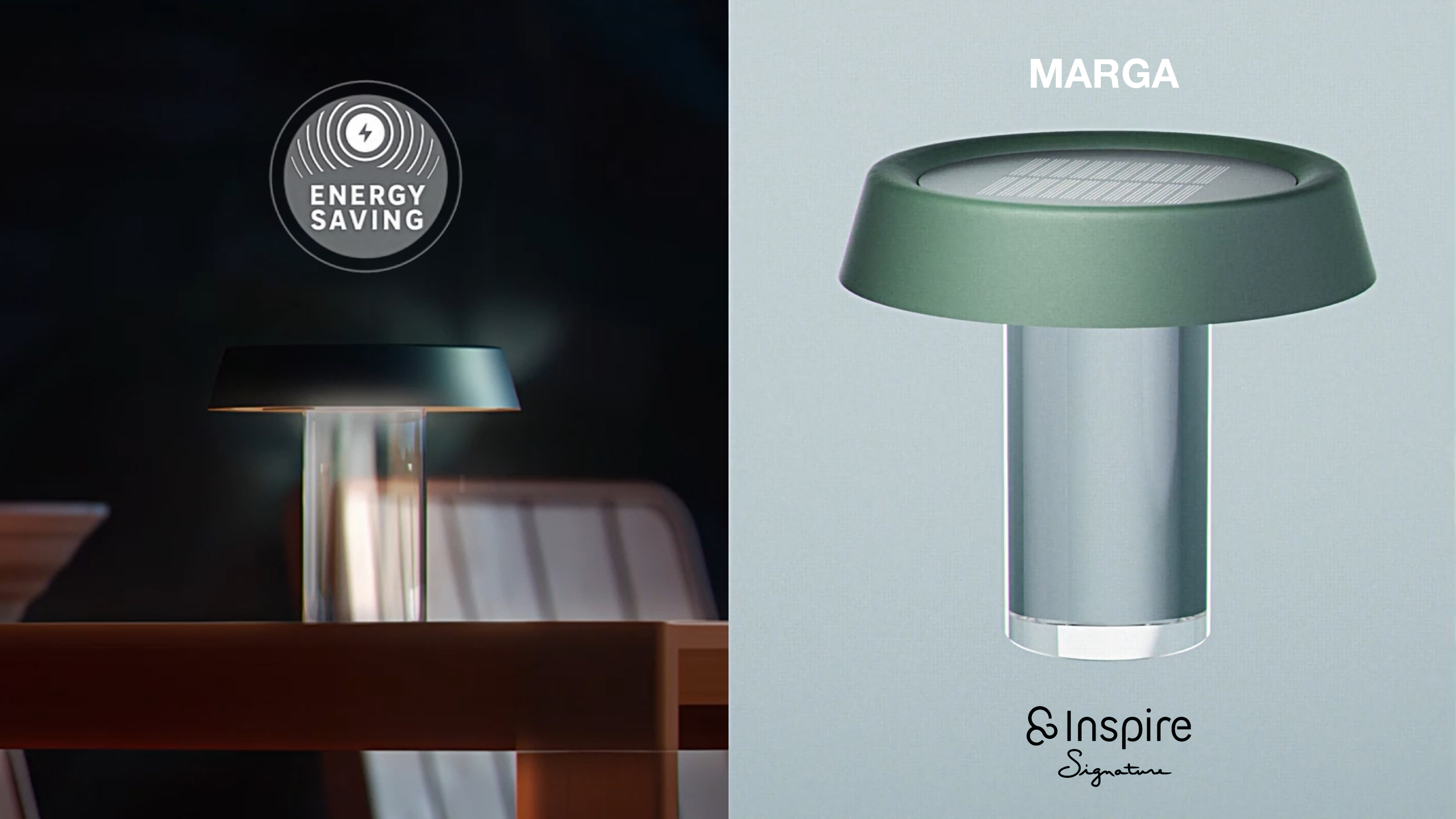Modern green and transparent table lamp named Marga with energy-saving feature, shown lit on a wooden table and as a product image. Leroy Merlin Lighting éclairage design solaire Laure Mimram