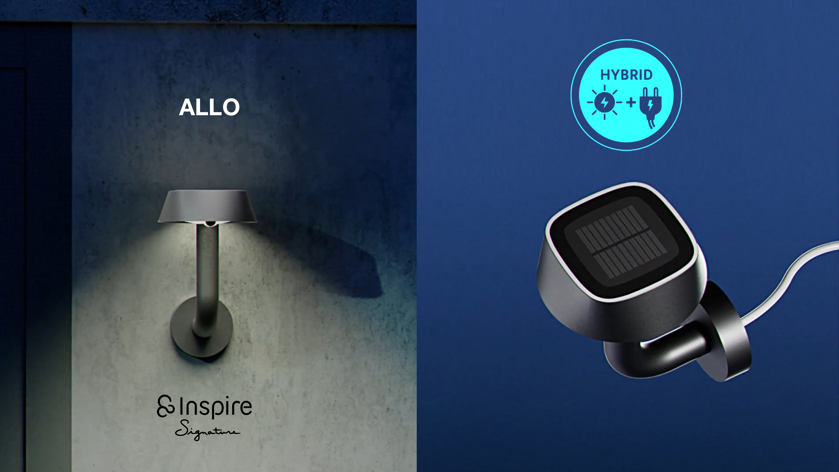 Left side shows a modern wall-mounted lamp casting light downward with 'ALLO' and 'Inspire Signature' text; right side shows a close-up of a hybrid solar and electric-powered device with a cable against a blue background. Leroy Merlin Lighting éclairage design solaire Laure Mimram