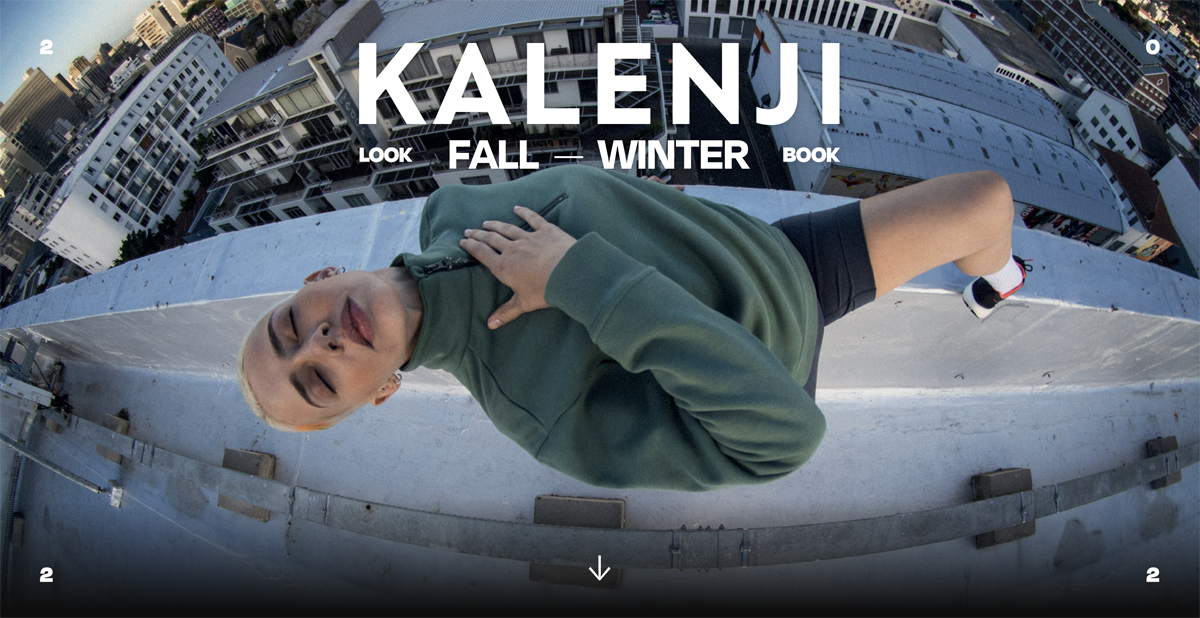 Person lying on their side on a rooftop edge in green jacket and black shorts with city buildings in the background, with text 'KALENJI LOOK FALL – WINTER BOOK' overlaid. Decathlon Kalenji Sportswear Lookbook Collection Laure Mimram