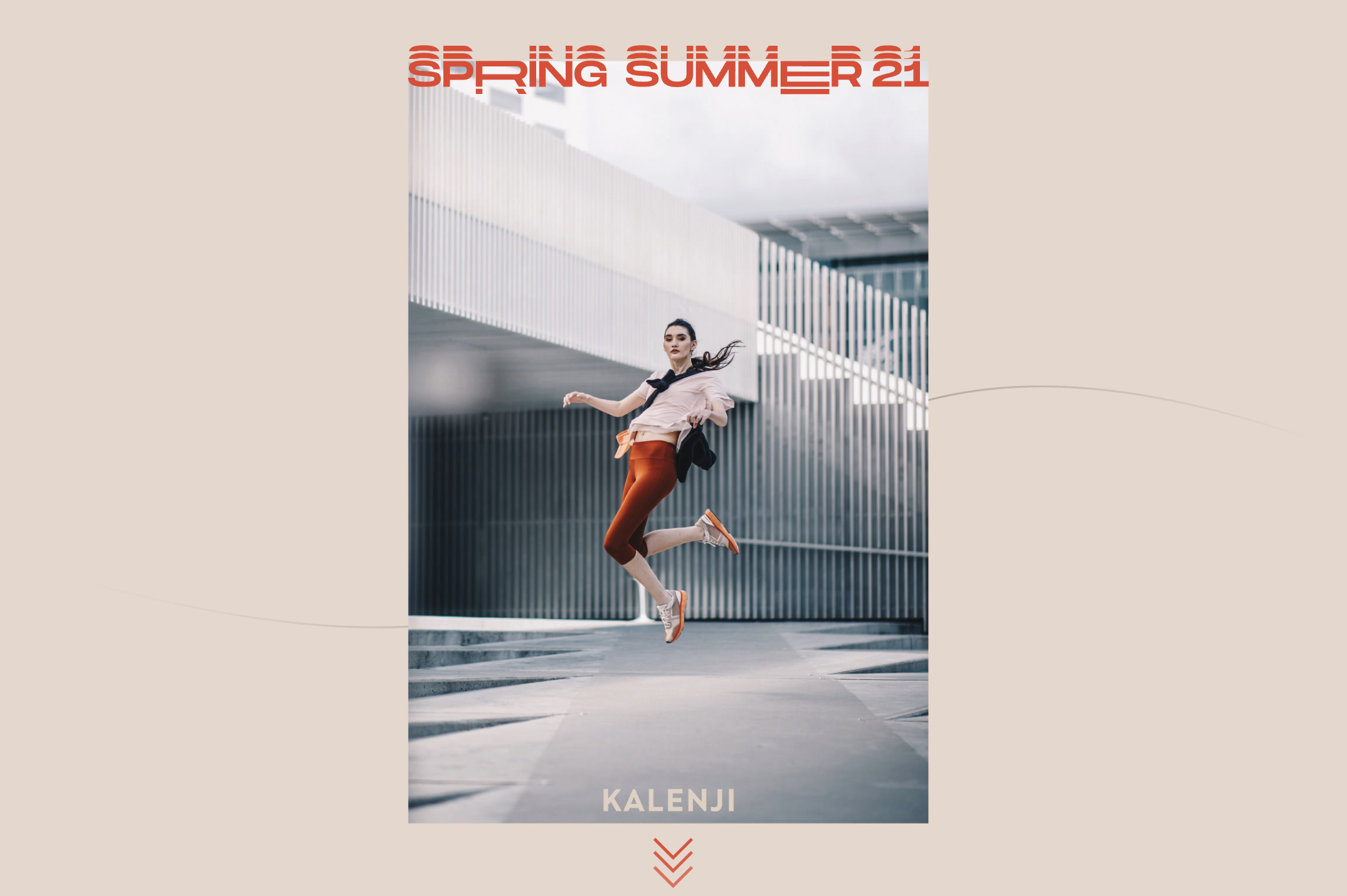 Woman in sporty outfit jumping mid-air in an urban setting with modern architectural background, promoting Kalenji Spring Summer 21 collection. Decathlon Kalenji Sportswear Lookbook Collection Laure Mimram