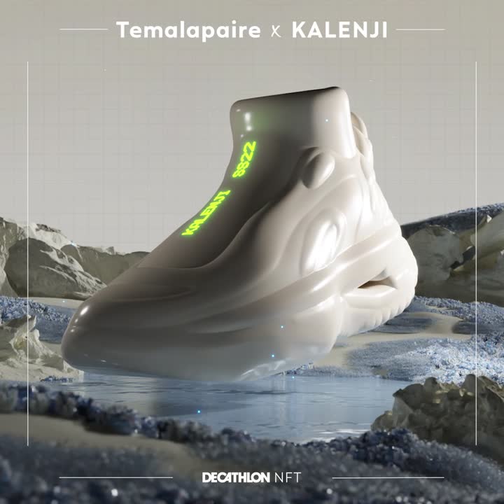 White futuristic sneaker with glowing green text 'KALENJI 8822' floating above a rocky, icy surface with 'Temalapaire x KALENJI' and 'DECATHLON NFT' branding. Decathlon Design Sneakers Laure Mimram