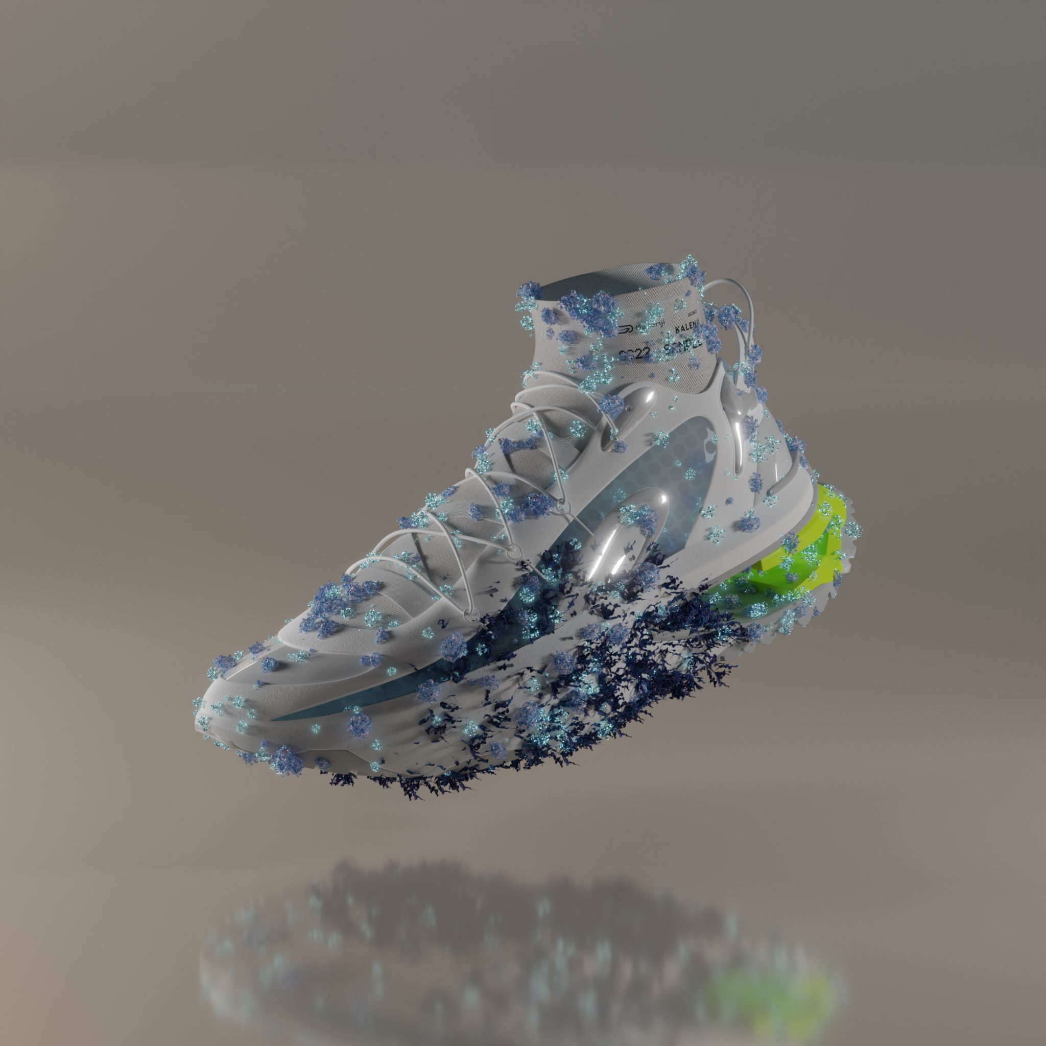 Modern white and blue athletic shoe with neon green sole, floating with blue and black abstract particle effects. Decathlon Design Sneakers Laure Mimram