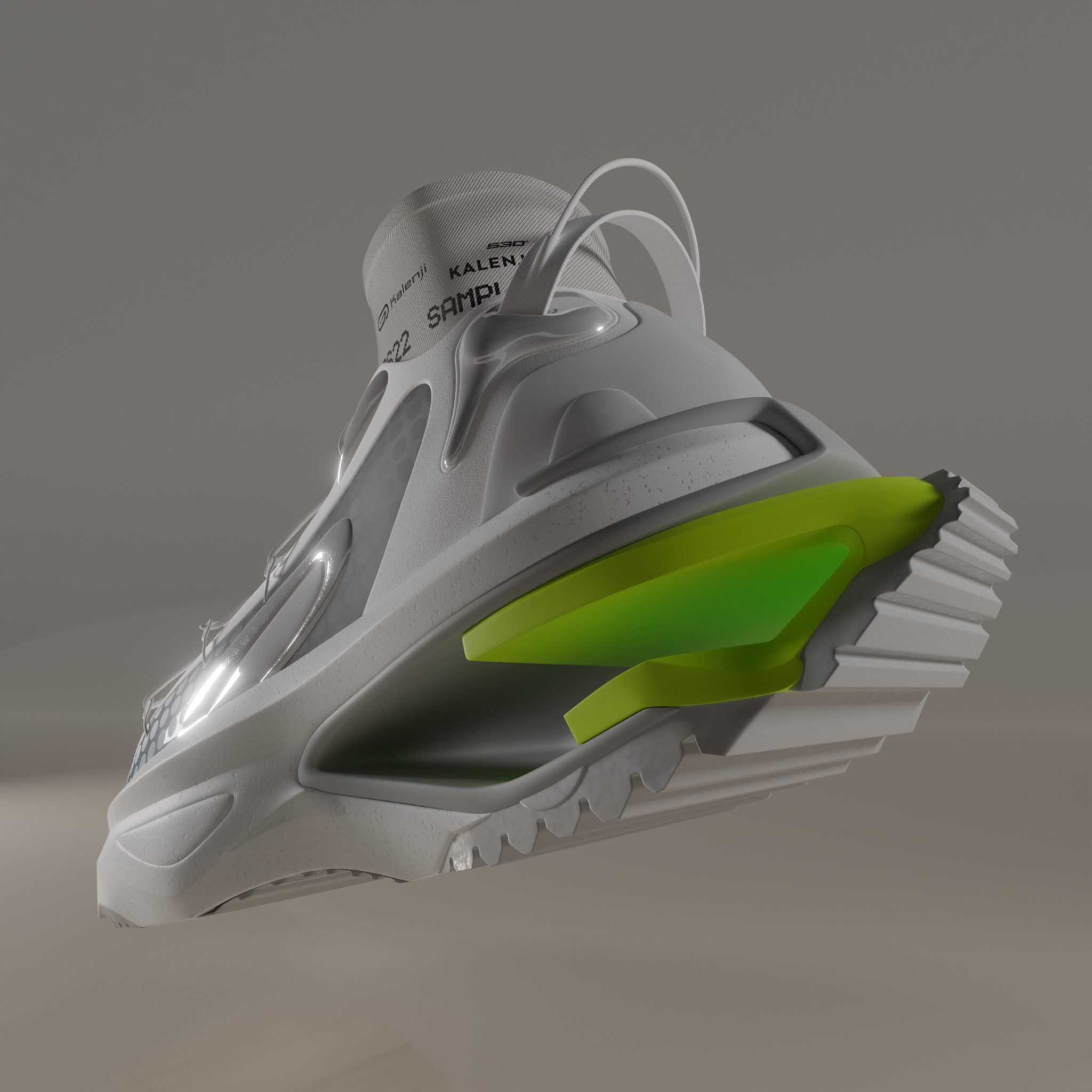 White and gray Kalenji running shoe with a high sock-like ankle collar and green cushioned sole detail. Decathlon Design Sneakers Laure Mimram