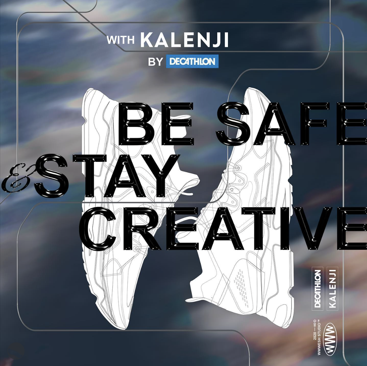 Outline sketch of sneakers with message 'Be safe & stay creative' and logos of Kalenji and Decathlon on a dark blurred background Decathlon Footwear Industrial Division FID Decathlon wwweshstudio Laure Mimram