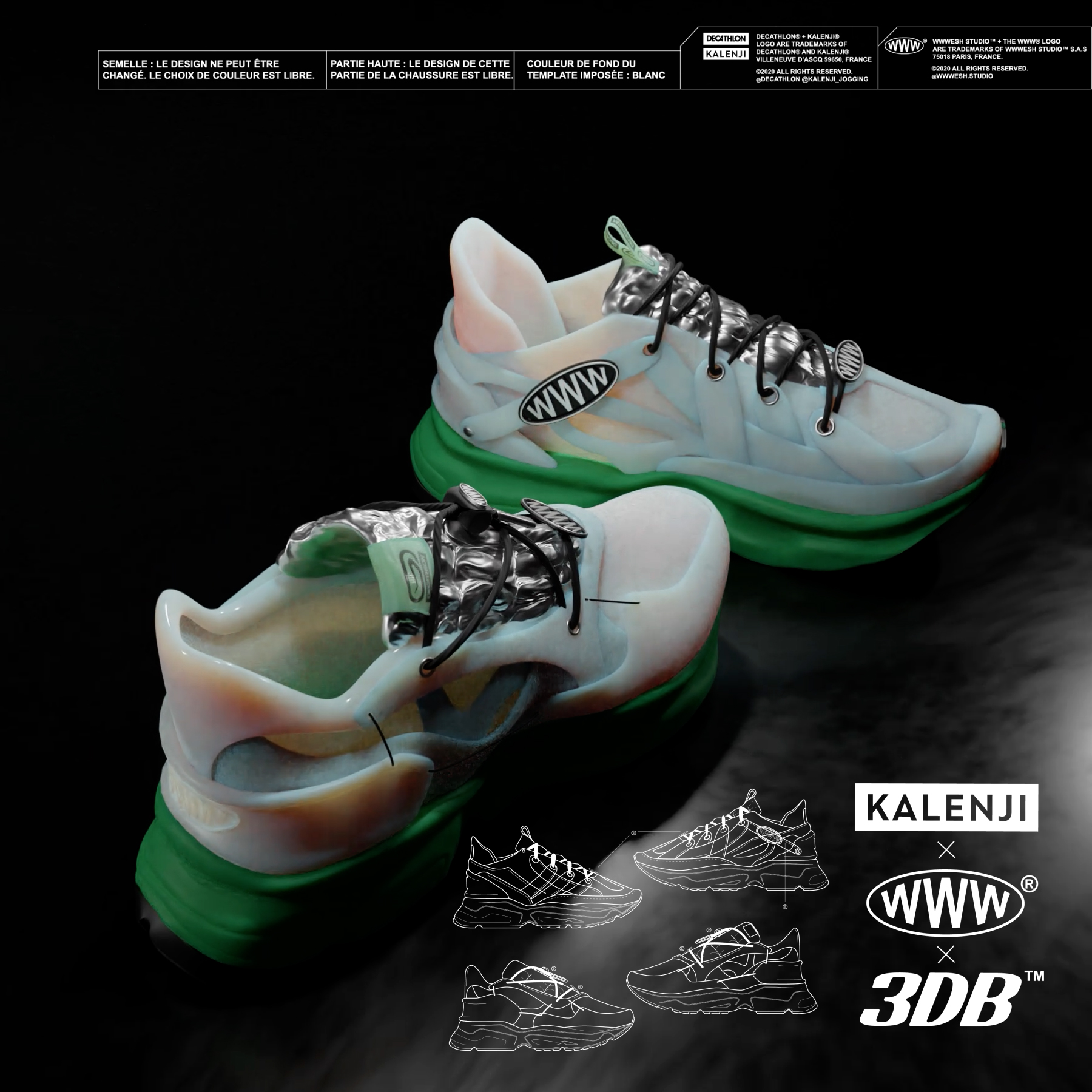 Pair of futuristic white and green running shoes with black laces, tagged with www logo, set against a black background with shoe design sketches and Kalenji, WWW, and 3DB logos.
