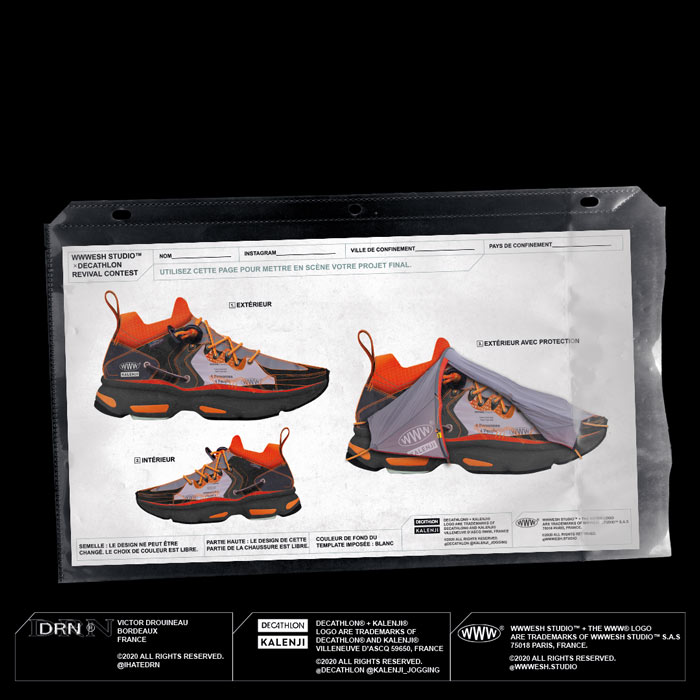 Design template showing a sports shoe from three perspectives: exterior, interior, and exterior with protective cover, with notes for color and design customization. Decathlon Footwear Industrial Division FID Decathlon wwweshstudio Laure Mimram