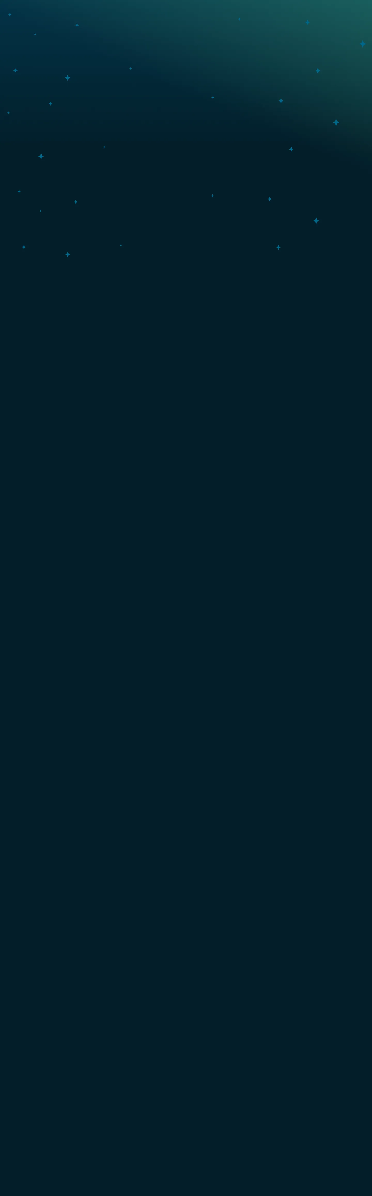 Dark night sky with scattered blue stars and a gradient from dark teal to black.
