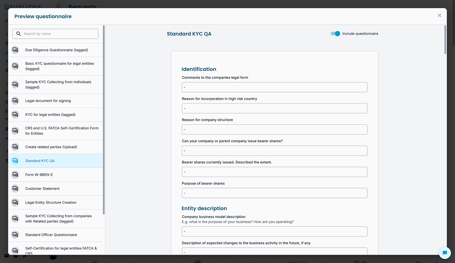A product screenshot for: Send pre-designed or custom KYC / DD / TPRM questionnaires in minutes. Streamline counterparty data collection with flexible templates, tracking, and due dates.