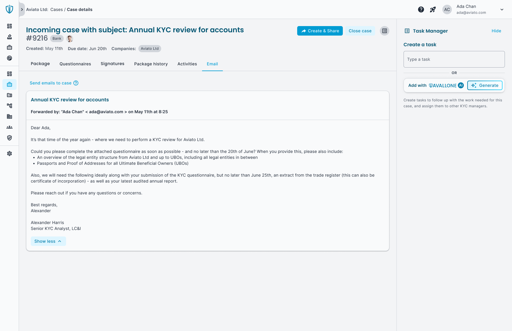 A product screenshot for: Instantly turn messy KYC request emails into structured workflows. Forward an email into Avallone to digitize requirements, extract tasks and streamline the KYC process.
