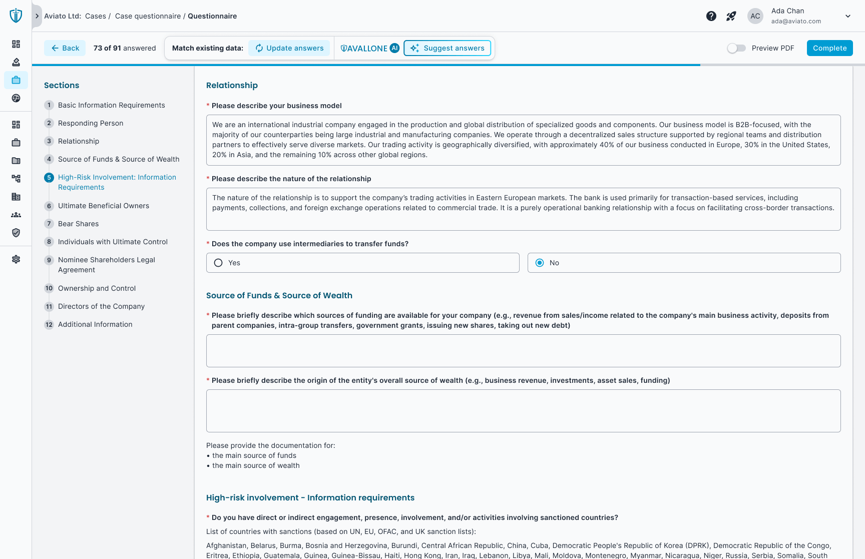A product screenshot for: Our smart KYC answer reuse feature automates repetitive KYC responses, instantly populates recurring questions, reduces errors and speeds up completion of KYC forms with accuracy.