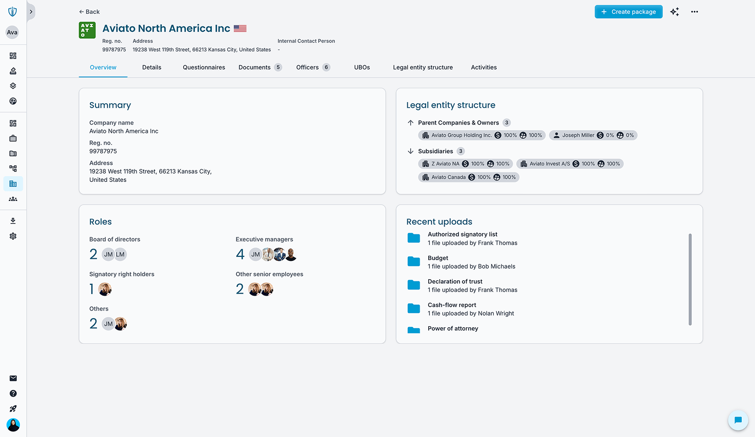 A product screenshot for: Centralize all KYC data, documents and officer records in one secure platform. Access accurate information instantly, cross-reference entities and streamline compliant KYC workflows.