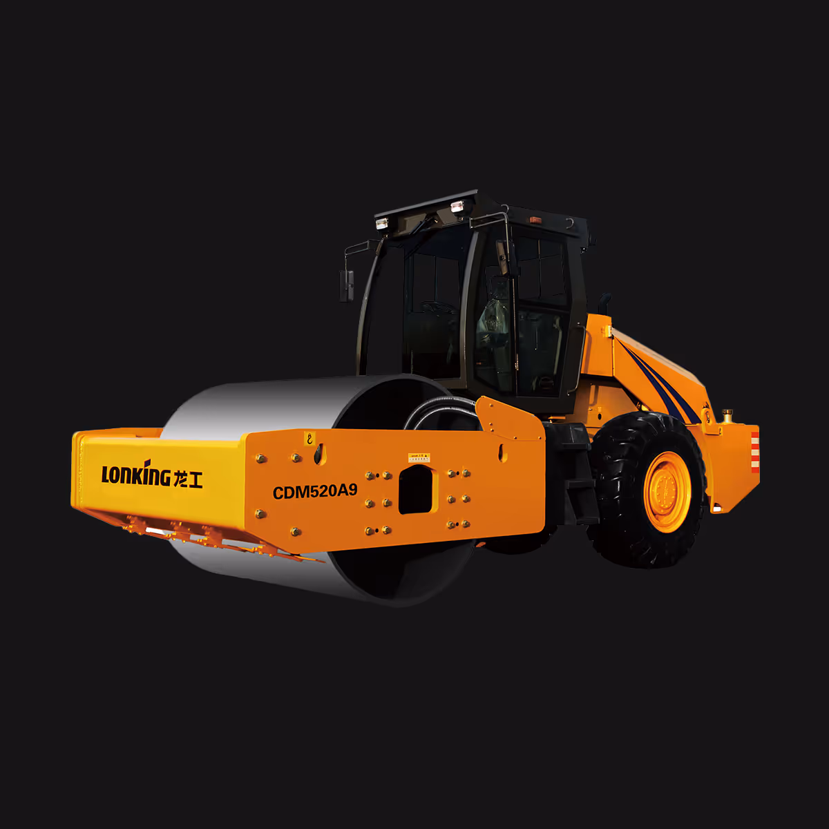 Yellow and black Lonking CDM520A9 road compactor with a large front roller drum.