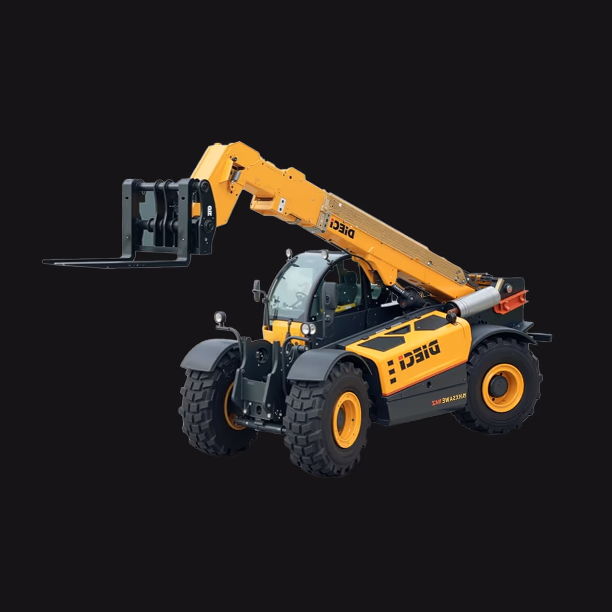 Yellow and black telehandler with extended arm and forks on a black background.