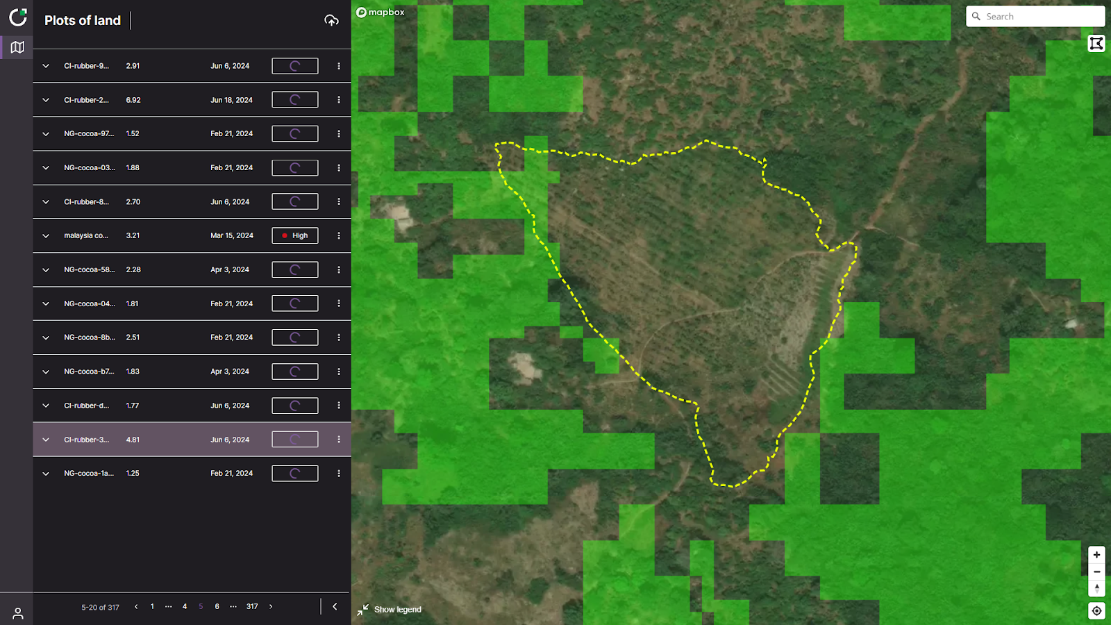 A dotted yellow polygon marks a rubber plantation in the TradeAware application
