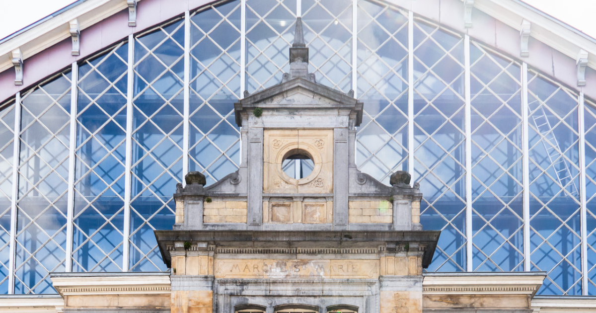 Front facade of Les Halles de Schaerbeek in Brussels.