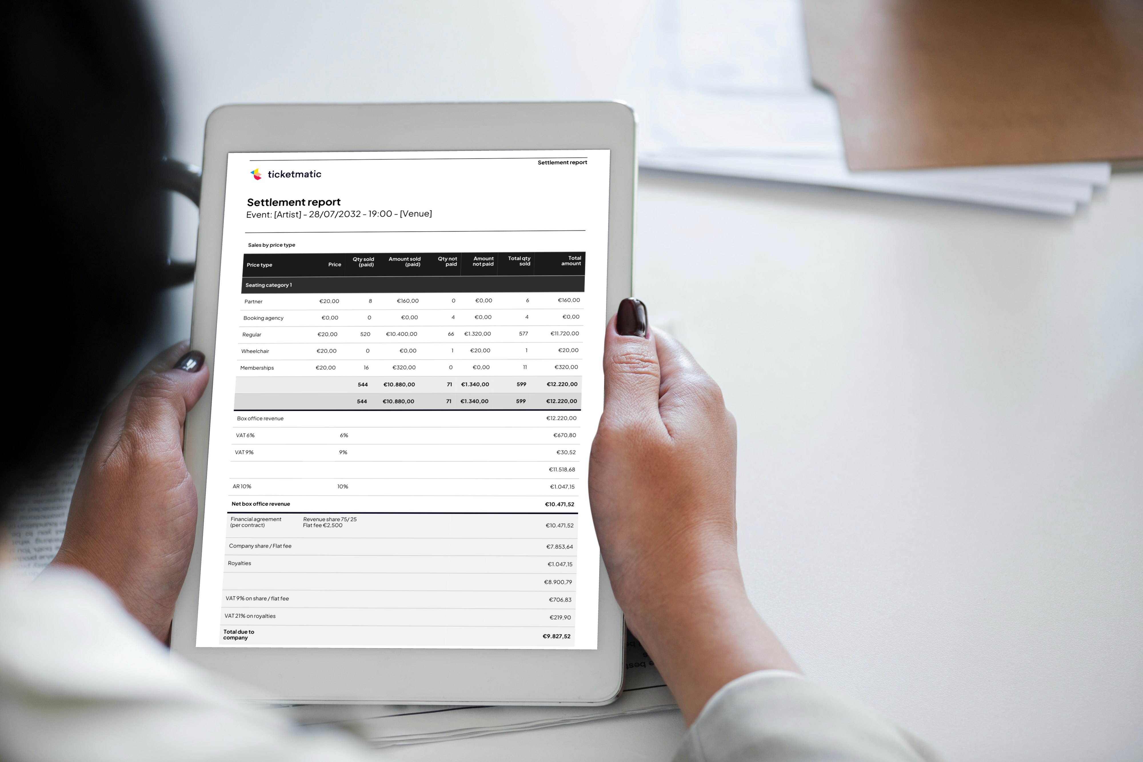 ticketmatic settlement overview on tablet showing ticket sales, revenue and costs per event