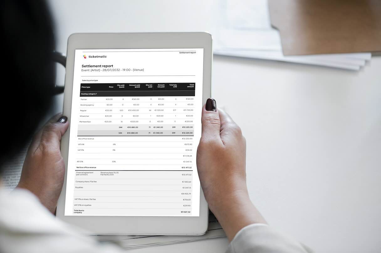 ticketmatic borderel op tablet met ticketverkoop, inkomsten en kosten per evenement