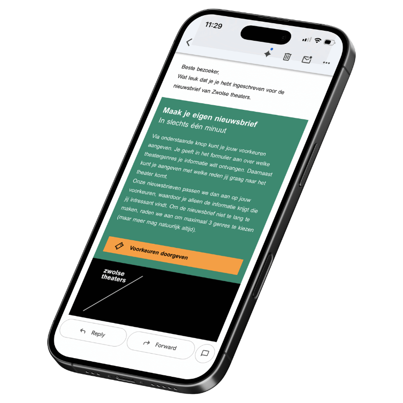 Nieuwsbrief van Zwolse theaters op een smartphone, met een formulier om persoonlijke voorkeuren door te geven