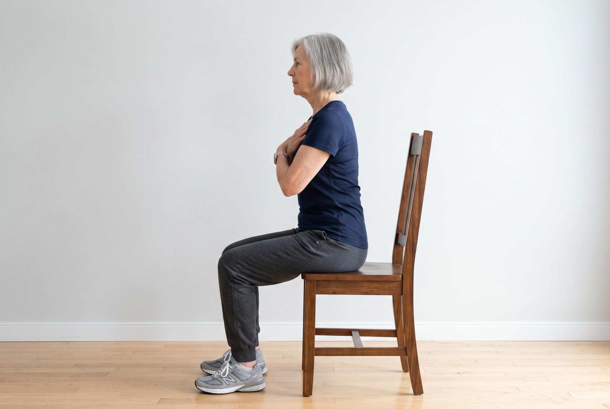 Older woman seated at the front of a sturdy chair with feet flat and arms crossed, ready to begin a sit-to-stand exercise