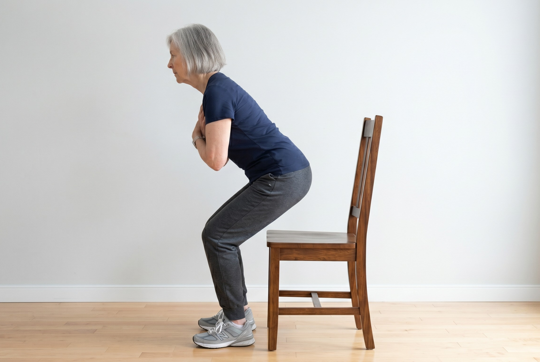 Older woman rising from a chair with her torso hinged forward and nose over toes during the mid-point of a sit-to-stand exercise